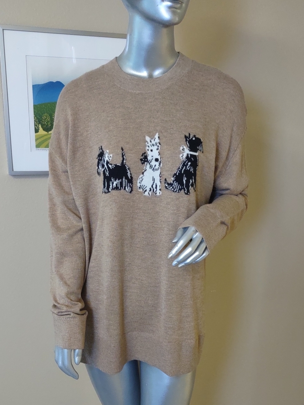 LOFT Tan Crewneck Sweater with Scottie Scottish Terrier Dog Graphic